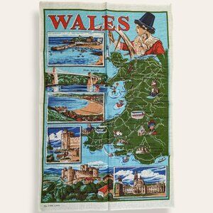 Vintage Wales 100% Linen Souvenir Tea Towel
